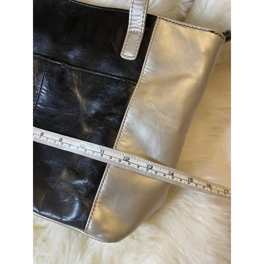 Aurielle‎ Genuine Leather Tote Bag Black Silver Metallic Large Shoulder Handbag